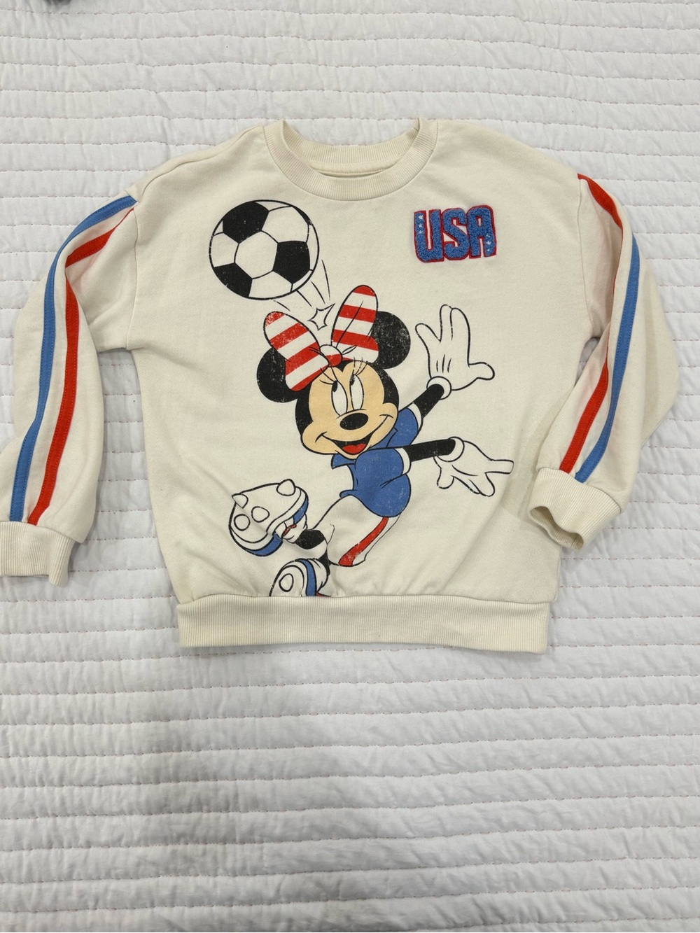 Disney Cream Minnie Mouse USA Soccer Sweatshirt with Red & Blue Stripes